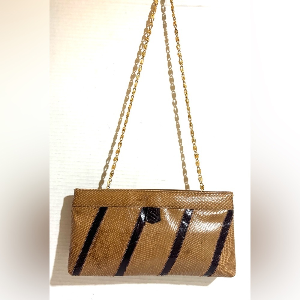 Vintage Snakeskin, Leather Tan And Black Striped Shoulder Bag